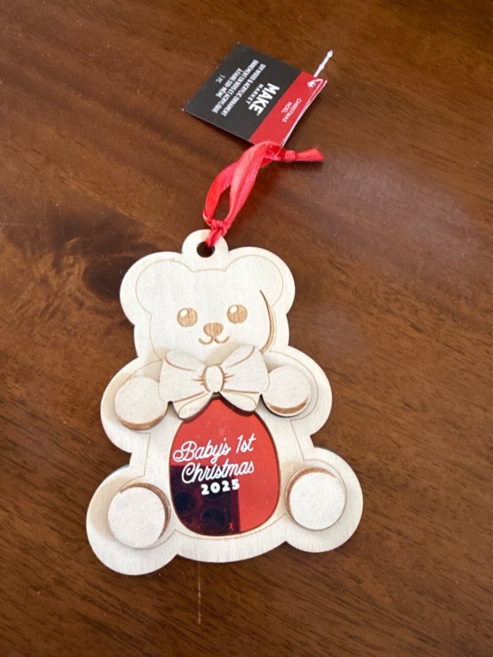 Babys 1st Christmas 2023 Teddy Bear Ornament With Red Ribbon - Wood & Acrylic Ke